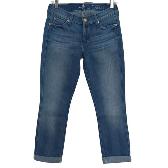7 for All Mankind Size 27 THE SKINNY CROP & ROLL Medium Wash Cuffed Denim Jeans - Picture 1 of 7